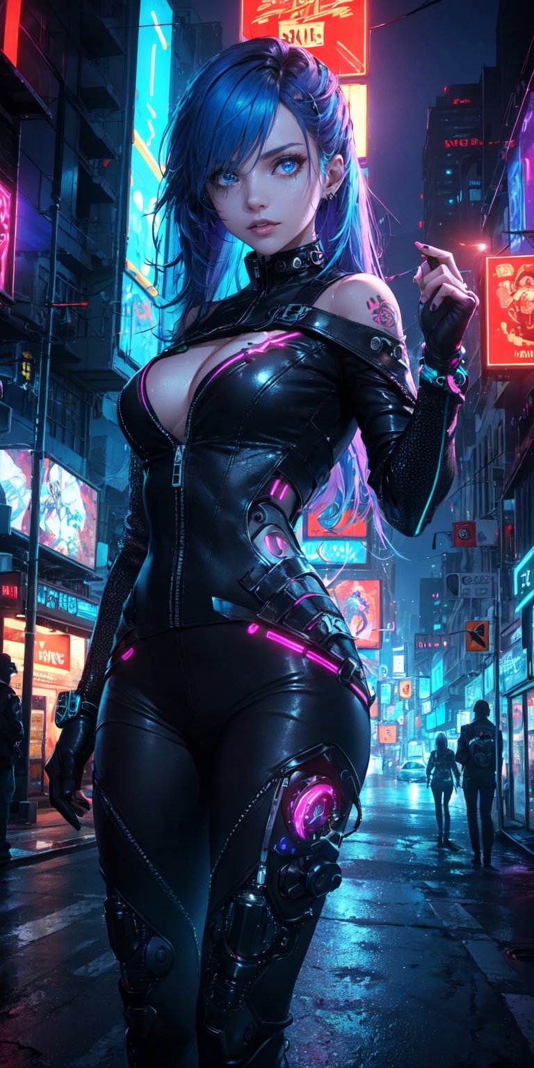 In a neon-lit, perfect body composition, futuristic cityscape, a cyber-enhanced individual, Their glowing tattoos and neon hair stand out in the vibrant, technologically advanced world. The intricately detailed cyber-eyes peer into the augmented reality interface, while the holographic display showcases their cybernetic implants. Dressed in a leather jacket, off-shoulder, adorned with high-tech accessories, they exude a sense of style and power. Reflective surfaces capture the neon reflections, and dramatic lighting enhances the sci-fi aesthetic. Their appearance is a masterpiece of futuristic fashion and cybernetic enhancements.,fate/stay background,perfect light