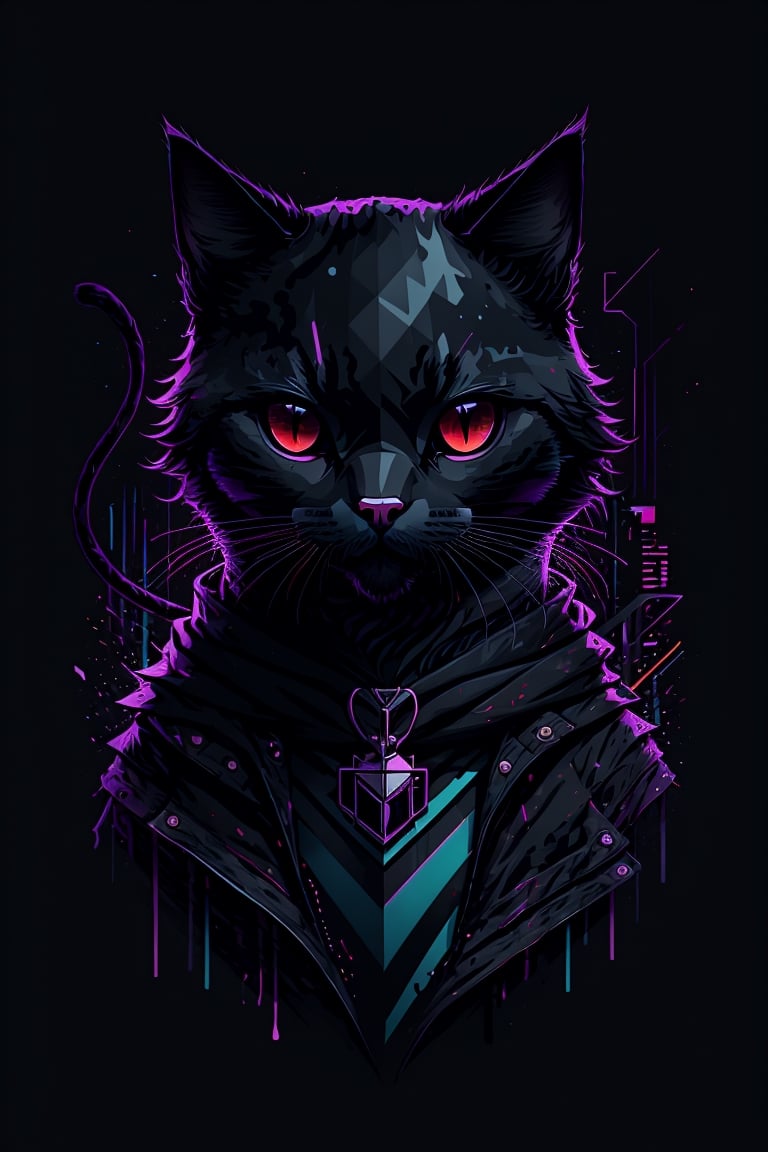 masterpiece, best quality, ultra high res, a cute cat, animal, beautiful, visually stunning, elegant, incredible details, award-winning painting, high contrast, vector art, line art, splatter, flat color, color merge gradient, (kitten:0.7), (dark black theme:1.2), neon color, glowing, neon, (fluffy:1.19), crown, cat eyes, serious, violet,tshee00d