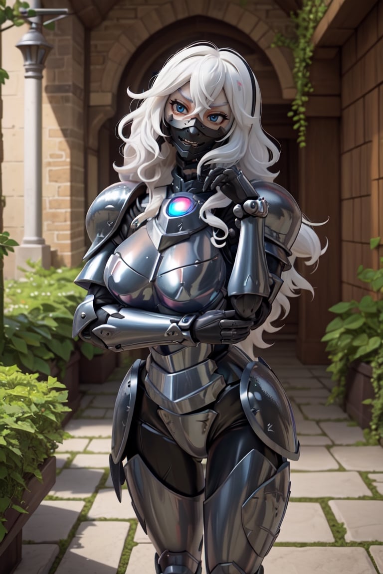 centered, (upper body:1.5), award winning, (detailed face), (beautiful detailed eyes:1.2), (bright eyes:1.2), (aura:1.1), | solo, female knight, Curly Hair, white hair color, {color black eyes}, (tight black knight armor), (iron plate mouth mask:1.2), | symmetrical and detailed armor, | garden flowersmedieval style fantasy city background on European street, | bokeh, depth of field, | hyper-realistic shadows, soft and detailed background, blurred,mecha musume,mechanical parts,full armor