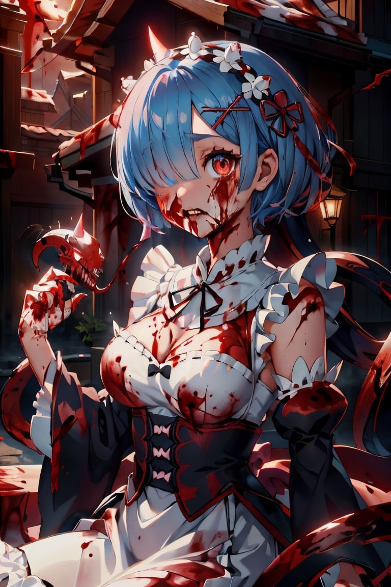 CarnageStyle (Blood_Red:1.5) snake,anime, hdr, soft light, ((best quality)), ((masterpiece)), (detailed),  rem_\(re_zero\), hair over one eye, x hair ornament, (akatsuki outfit:1.1), looking at viewer, upper body, village, sunset, nature,aarem, short hair, maid headdress, x hair ornament, hair ribbon, single horn, glowing horns, hair over one eye, large breasts, frills, neck ribbon, cleavage, dress, detached sleeves, white apron, waist apron, white pantyhose,CarnageStyle, (blood_red:1.5)