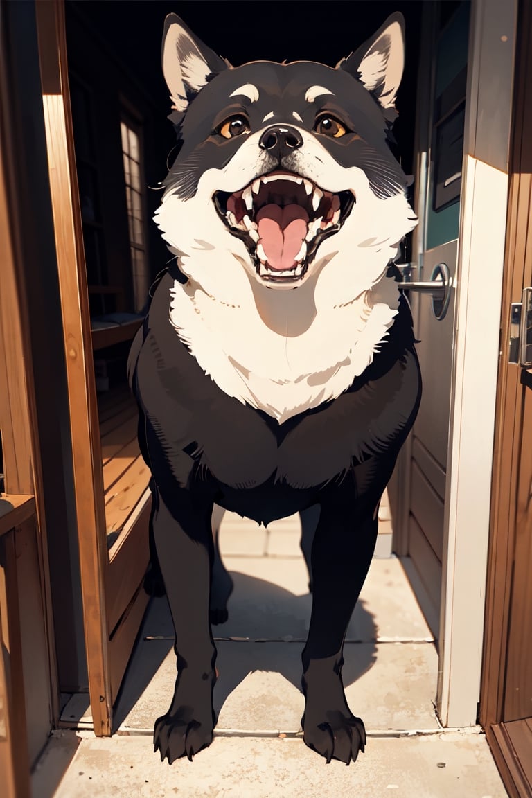 (super detailed), (beautiful background, detailed background),no humans, dog, open mouth, animal, animal focus, fangs, black eyes, outdoors, horror \(theme\), solo, standing, door, full body, teeth, meme, bear, shiba inu, what, indoors