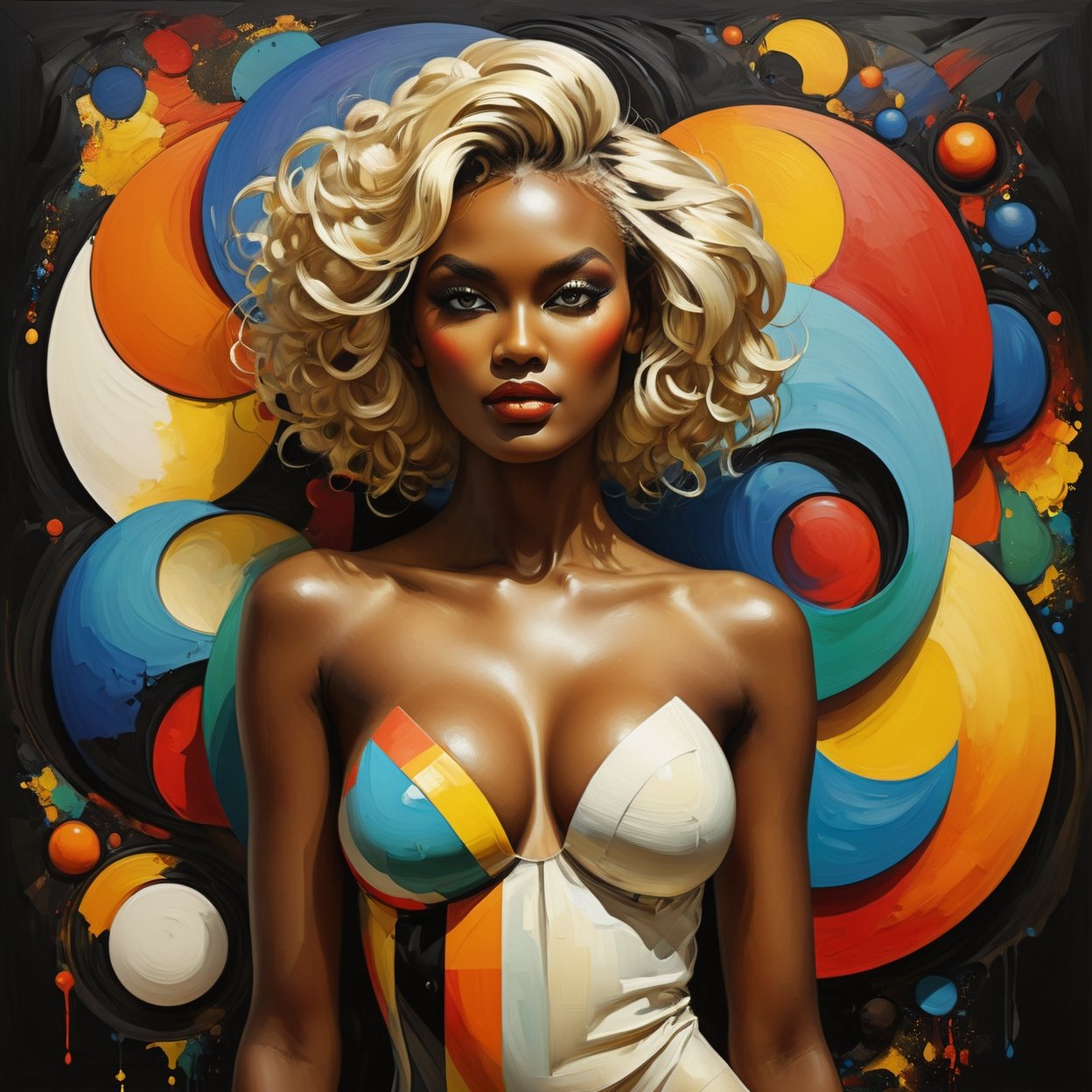 digital painting, art style, full body portrait of a sultry nude black skinned nubic fashion model,  larger enhanced fake rounded breasts 32F, art by konstantin razumov and alberto seveso, sureal karol bak, salvatore dali, blonde wavy hair,sureal fractal background, graphiti geometric shapes,rainbow colors, more detail XL,dripping paint,digital painting,Gric,in the style of kazimir malevich