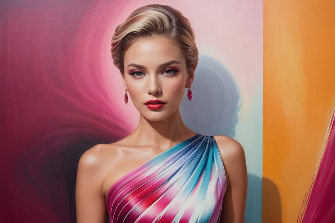 Annick Bouvattier-Maja topcagic style award winning intrinsic detail photograph-painting hybrid high travel portrait style female supermodel in a beautiful Airbrush pattern dress with stylized modern hair out on the town with cerise color palette, hd, 8k