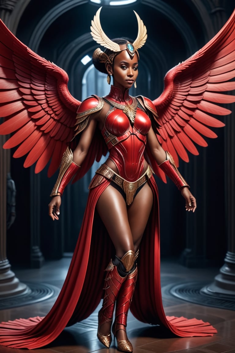 (((iconic,futuristic-sci-fi but extremely beautiful),  pea red)
(((intricate details, masterpiece, best quality)))
(((Wide angle, full body shot, profile view)))
(((dynamic pose, looking at viewer))) 
erotic armor, angel wings, 
black skinned african girl,large rounded breast 32F,breasts out, nipples visible, erected nipples,  ,Seraphim, cyborg style