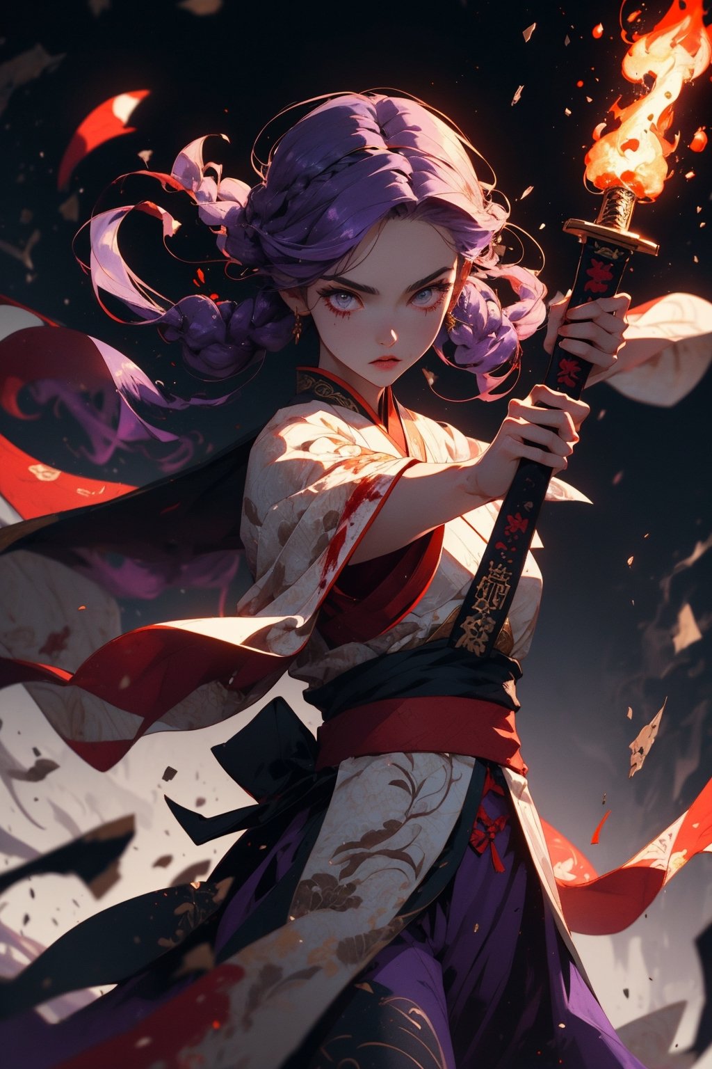 Masterpiece, 1girl, wear purple hanfu, Chinese Traditional cloth, long purple hair, hair braid, holding a blood sword, dark purple background, fire effect, ink painting style, dynamic pose, battle pose
