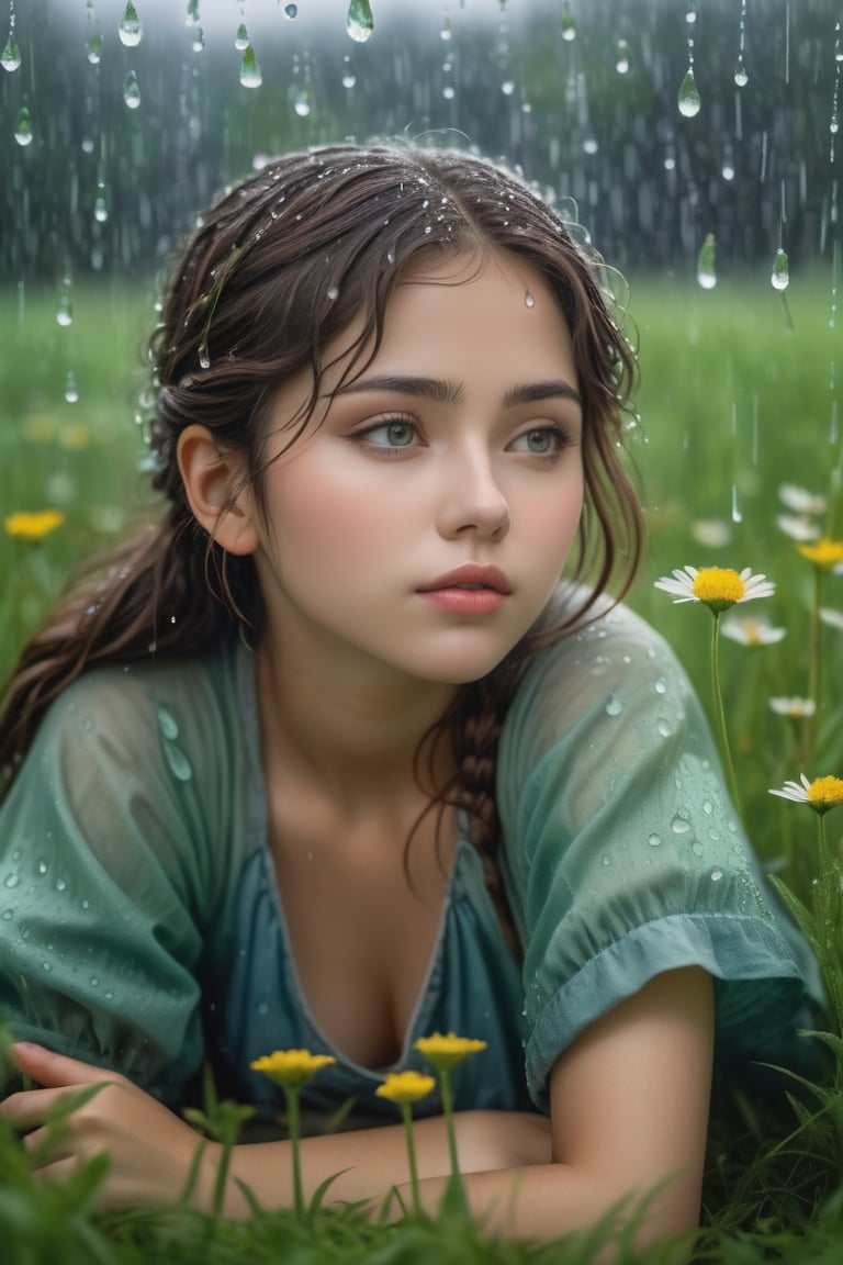A young girl lies serenely in a lush green meadow, her contemplative expression a window to her inner world. Raindrops glisten on her face, as the heavy downpour transforms the landscape into a mystical dreamscape reminiscent of Studio Ghibli's whimsical worlds. From a low angle, the camera gazes up at her, emphasizing her vulnerability and the surreal atmosphere. The vibrant colors of the meadow's wildflowers and the girl's sodden clothing pop against the gray skies, imbuing the scene with an otherworldly charm.