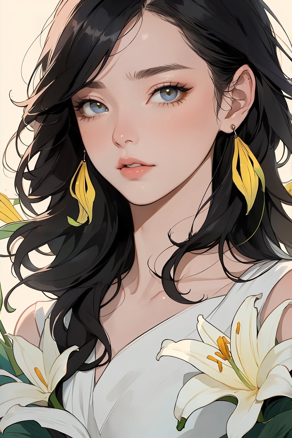 (Cinematic lighting, bloom), (outdoor), (Best Quality, Masterpiece, high resolution), (beautiful and detailed eyes), (realistic detailed skin texture), (detailed hair), (realistic light and detailed shadow), (real and delicate background), (half body), 1girl, A lady with long black hair, hair flower, earrings, chinese style Clothing, ancient cheongsam, Collarbone, Disgusted Scowl, parted lips, Transparent watercolor, ((yellow lily)), mucha art style,ancient_beautiful,better_hands
