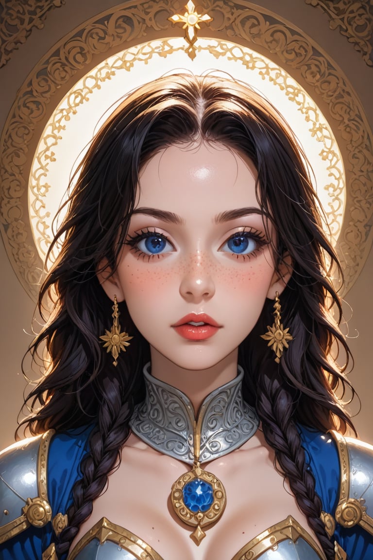 A majestic woman with golden locks and cerulean orbs sits regally, encased in radiant rune-etched armor that shimmers like the stars. Her porcelain skin glows with an ethereal aura as intricate white runes dance across her features, illuminating her striking blue eyes. Framed by a soft focus, she presents herself against a subtle gradient of misty blues and whites, her cartoonish realism imbued with a whimsical charm.