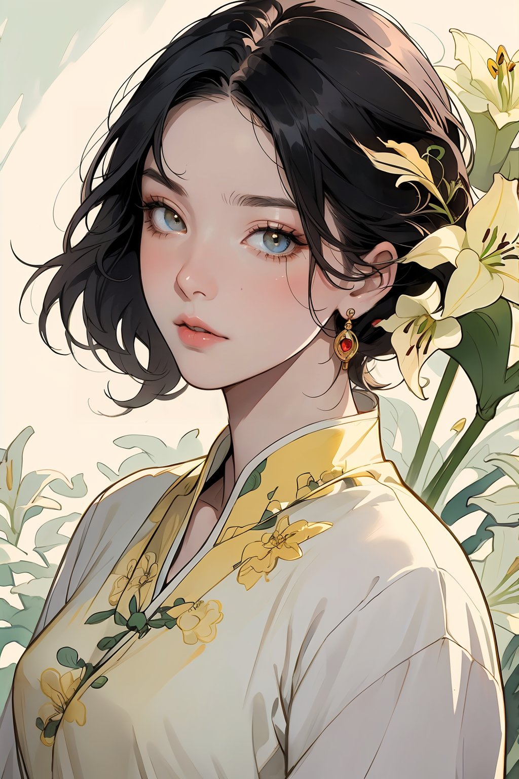 (Cinematic lighting, bloom), (outdoor), (Best Quality, Masterpiece, high resolution), (beautiful and detailed eyes), (realistic detailed skin texture), (detailed hair), (realistic light and detailed shadow), (real and delicate background), (half body), 1girl, A lady with long black hair, hair flower, earrings, chinese style Clothing, ancient cheongsam, Collarbone, Disgusted Scowl, parted lips, Transparent watercolor, ((yellow lily)), mucha art style,ancient_beautiful,better_hands
