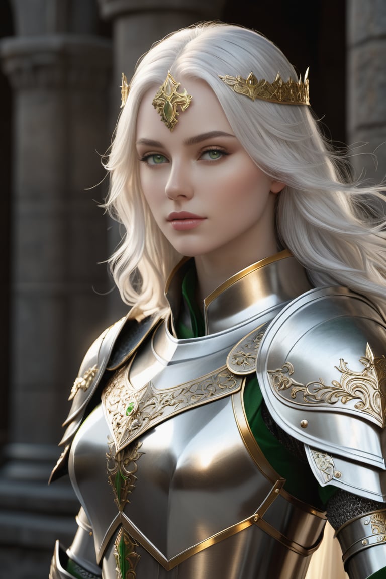 Female knight, long white hair, pale skin, green eyes, symmetrical features, thin features, narrow features, angelic features, finely detailed armor, light silver armor, gold elements, highest quality, ultra detailed, intricate design, long sword, 8k, ultra realistic, photorealistic, full body, photography lighting, reflection mapping, cinematic, depth of field, dramatic light, real shadow, movie quality rendering, vfx post production, soft illumination, rtx tracing lighting --ar 9:16
