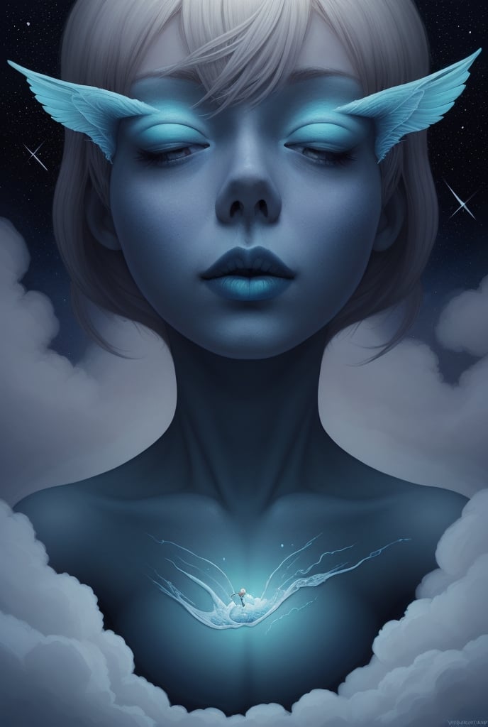 photo illustration from a world in the clouds, in the style of tanya shatseva, the stars art group (xing xing), meghan howland, dark indigo and light cyan, mind-bending sculptures, realistic hyper-detail, fluid simplicity --ar 63:128 --stylize 750 --v 6