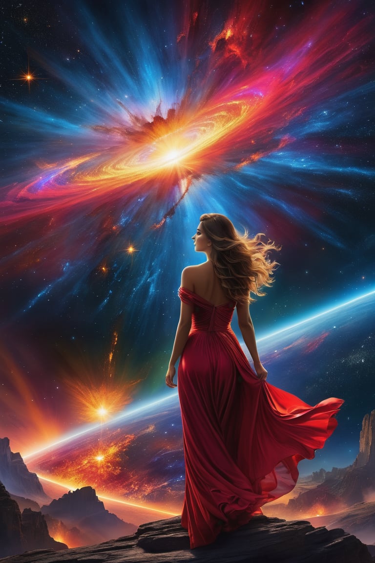 A spectacularly igniting supernova shines brightly amidst the darkness of space, captivatingly watched by an enigmatic woman. The explosion of colors and light creates a mesmerizing display in the image, which is most likely a breathtaking digital artwork. The vivid explosion painted in vivid shades of crimson, gold, and electric blue, beautifully contrasts against the woman's shadowed figure, adding a sense of mystery and wonder to the scene. The clarity and detail in this visually stunning composition bring the celestial event to life, leaving viewers in awe of its beauty and power.

