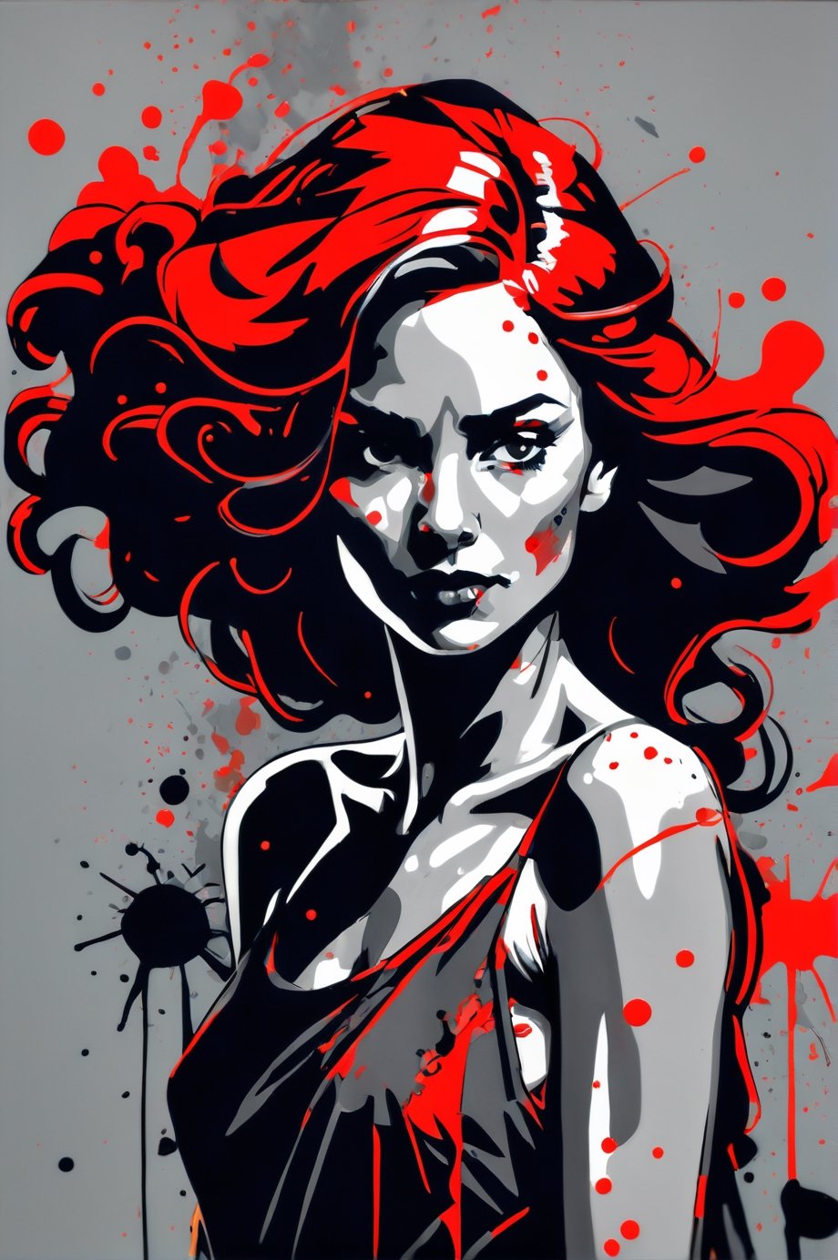 An artistic portrait of a woman with a dark grayscale color palette, accented with selective splashes of red. The woman has a flowing dress and has a relaxed posture with her head tilted upwards. {randomly selected artist). The red accents should have a chaotic, splattered effect, suggesting motion and emotion. 