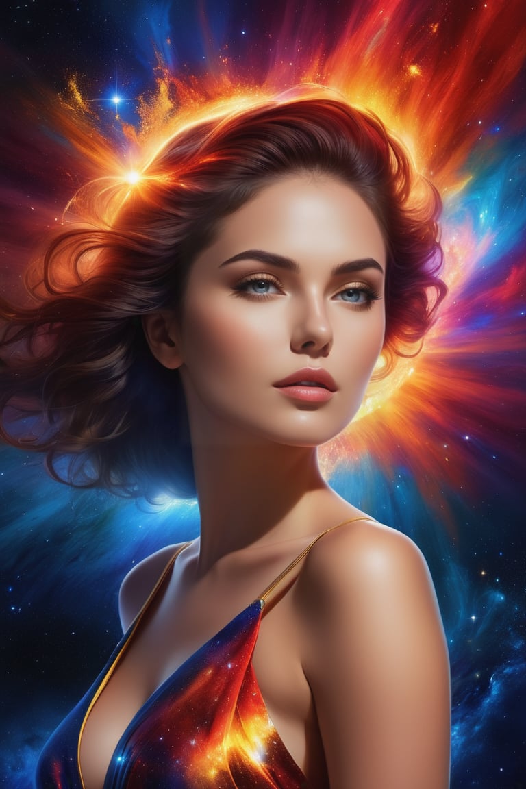 A cosmic explosion unfolds before a mystical woman, bathed in the warm glow of a distant star. Her enigmatic gaze is fixed on the spectacular supernova, as vibrant hues of crimson, gold, and electric blue erupt across the darkness of space. The contrast between the woman's shadowy figure and the radiant colors creates an air of mystery, while the stunning digital artwork masterfully captures the celestial event's breathtaking beauty.