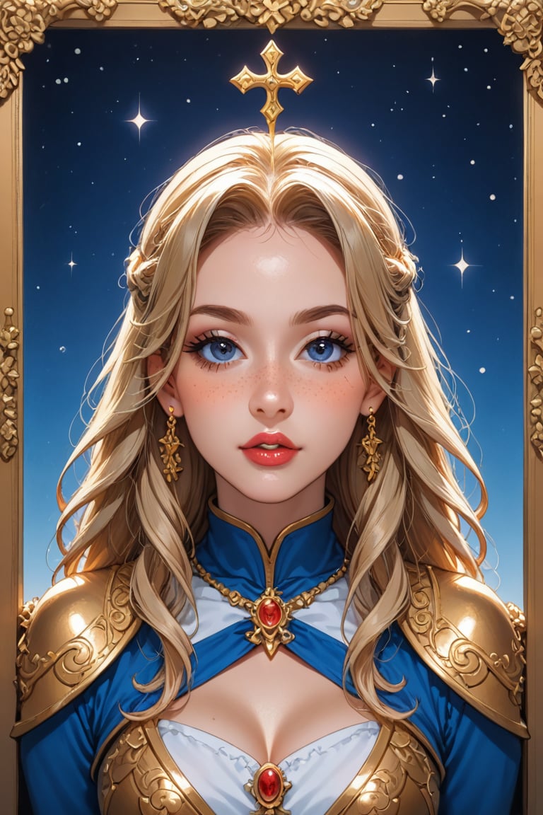 A majestic woman with golden locks and cerulean orbs sits regally, encased in radiant rune-etched armor that shimmers like the stars. Her porcelain skin glows with an ethereal aura as intricate white runes dance across her features, illuminating her striking blue eyes. Framed by a soft focus, she presents herself against a subtle gradient of misty blues and whites, her cartoonish realism imbued with a whimsical charm.