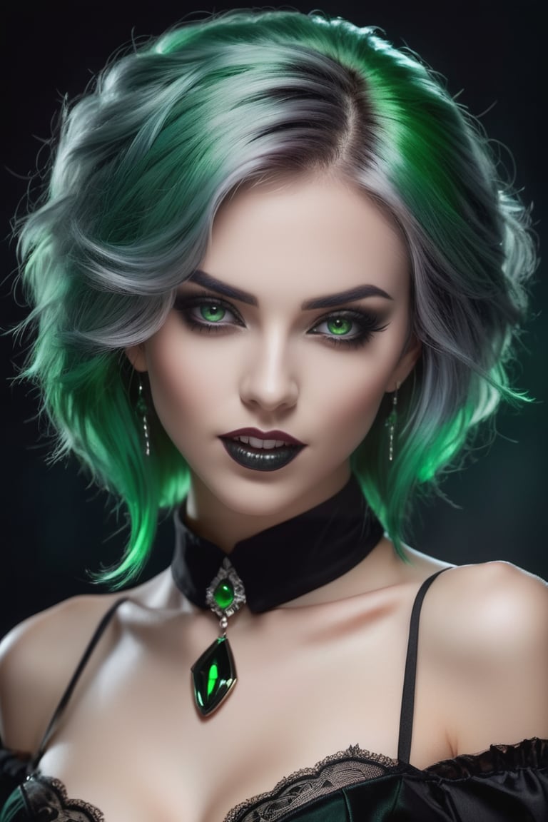 Dark mysterious vampire woman with fangs , with green hair, black shirt and grey eyes,

