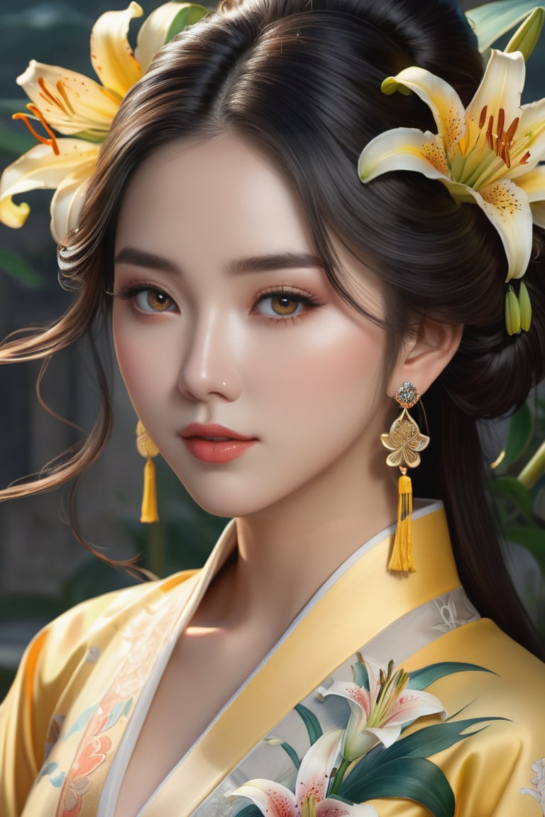 (Cinematic lighting, bloom), (outdoor), (Best Quality, Masterpiece, high resolution), (beautiful and detailed eyes), (realistic detailed skin texture), (detailed hair), (realistic light and detailed shadow), (real and delicate background), (half body), 1girl, A lady with long black hair, hair flower, earrings, chinese style Clothing, ancient cheongsam, Collarbone, Disgusted Scowl, parted lips, Transparent watercolor, ((yellow lily)), mucha art style,ancient_beautiful,better_hands