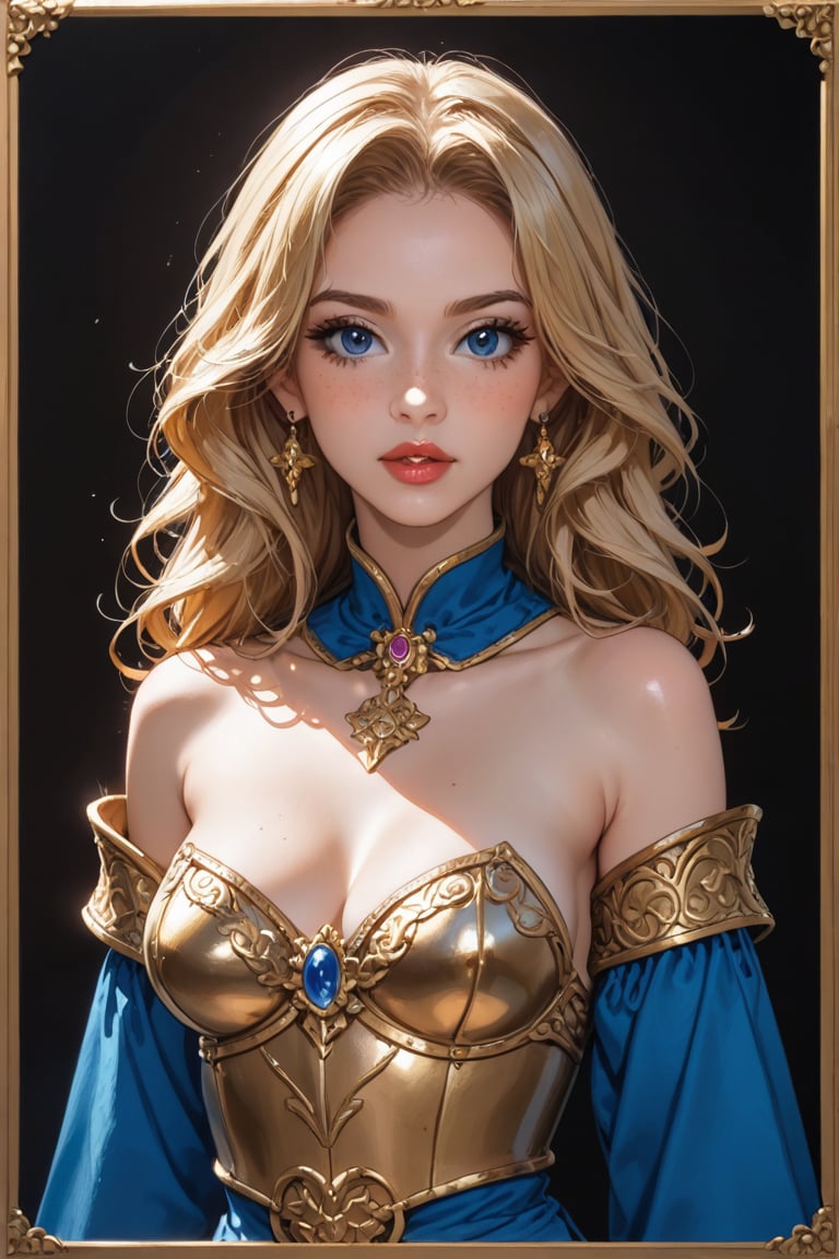 A majestic woman with golden locks and cerulean orbs sits regally, encased in radiant rune-etched armor that shimmers like the stars. Her porcelain skin glows with an ethereal aura as intricate white runes dance across her features, illuminating her striking blue eyes. Framed by a soft focus, she presents herself against a subtle gradient of misty blues and whites, her cartoonish realism imbued with a whimsical charm.