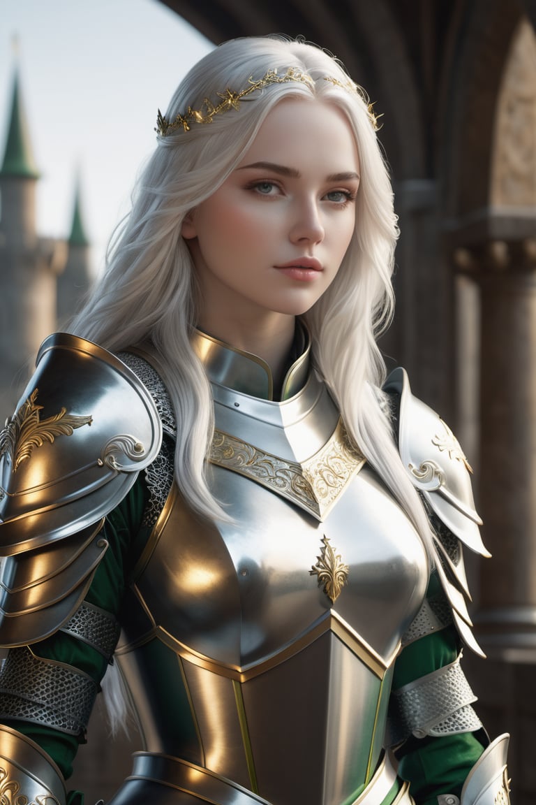 Female knight, long white hair, pale skin, green eyes, symmetrical features, thin features, narrow features, angelic features, finely detailed armor, light silver armor, gold elements, highest quality, ultra detailed, intricate design, long sword, 8k, ultra realistic, photorealistic, full body, photography lighting, reflection mapping, cinematic, depth of field, dramatic light, real shadow, movie quality rendering, vfx post production, soft illumination, rtx tracing lighting --ar 9:16
