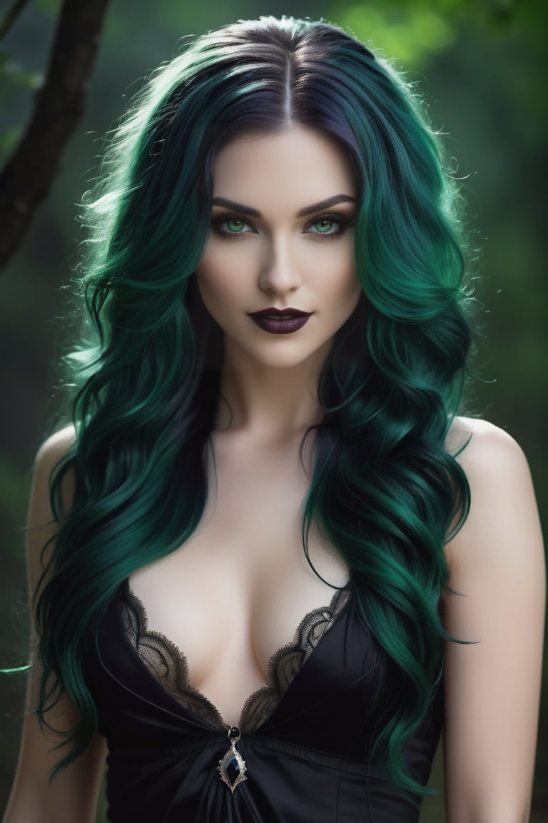 A close-up shot of a dark and enigmatic vampire woman, her emerald locks cascading like a waterfall of night around her pale face. Her piercing grey eyes gleam in the dimly lit setting as she reveals razor-sharp fangs, her full lips curled into a sinister smile. A black shirt clings to her curvaceous figure, a subtle nod to the darkness that lies within. The camera lingers on her mystical green hair, weaving an eerie spell that draws the viewer in.