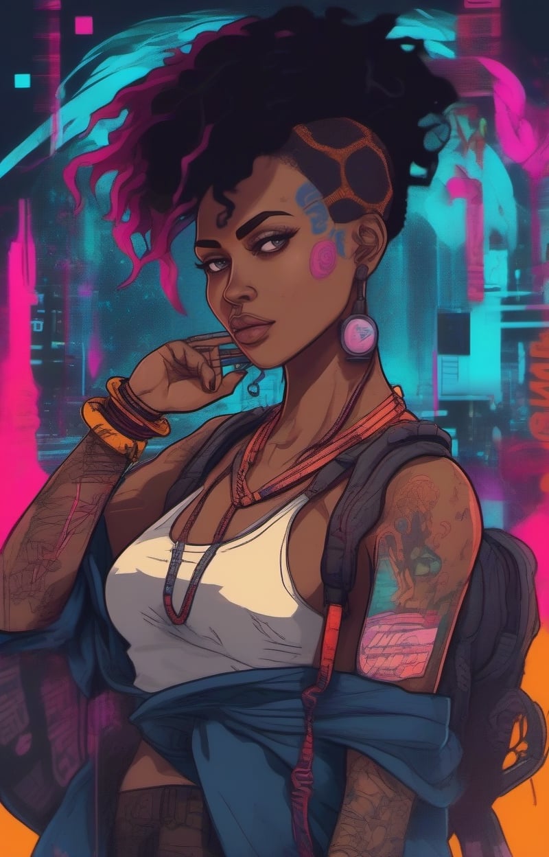 An African American animé style tatoo of lucy drop cyberpunk edgerunners with vibrant Colors and a reference to my diabetic condition like a needle for exemple