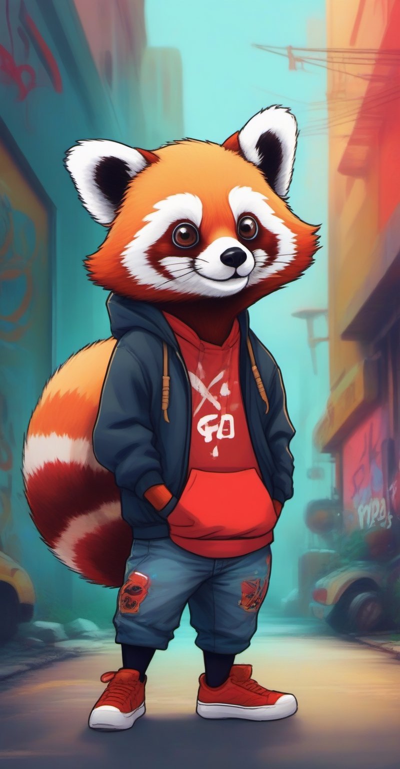 A stylized red panda, reminiscent of 1990s and early 2000s hip-hop and skateboarding culture, stands confidently against a vibrant and energetic graffiti backdrop. The red panda, adorned with a hoodie bearing your company's logo, exudes a playful and rebellious attitude. Its mischievous grin and mischievous glint in its eyes capture the essence of the era.,KidsRedmAF