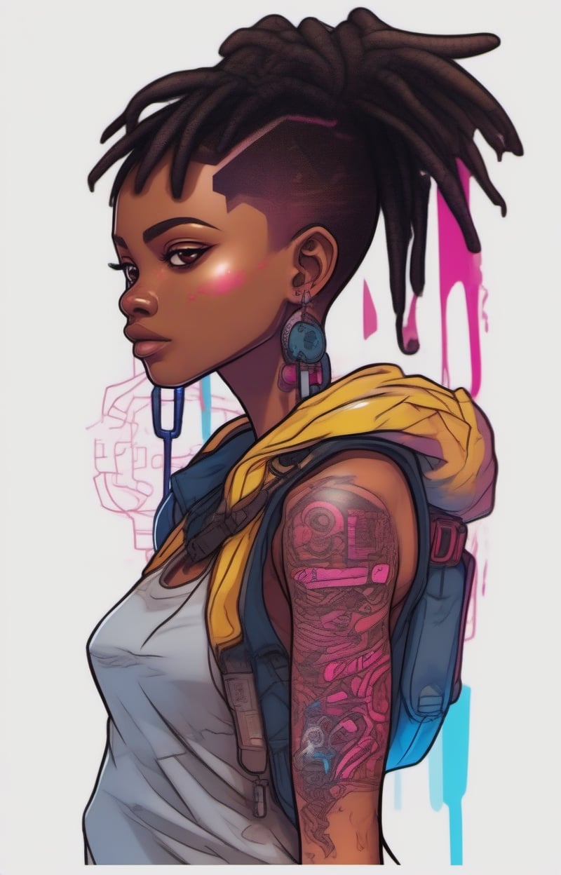 An African American  boy animé style tatoo of lucy drop cyberpunk edgerunners with vibrant Colors and a reference to my diabetic condition like a needle for exemple