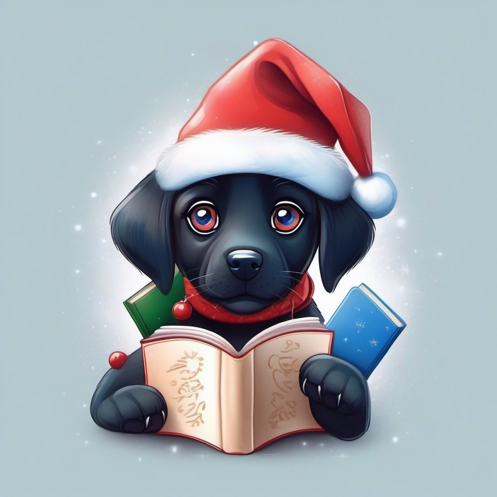 A detailed illustration of a print of a colorful cute black dog and white dog has blue eyes and it is wearing Christmas hat and holding a book, a cute Christmas gift, hyper realistic high quality, t-shit desing graphic, vector, carton, contour, fantasy swirls splash, modern t-shirt design, in the style of Studio Ghibli, light white red and green pastel tetradic colors, 3D vector art, cute and quirky, fantasy art, watercolor effect, bokeh, Adobe Illustrator, hand-drawn, digital painting, low-poly, soft lighting, bird's-eye view, isometric style, retro aesthetic, focusedon the character, 4K resolution, photorealistic rendering, usingCinema 4D, isolated in a white background