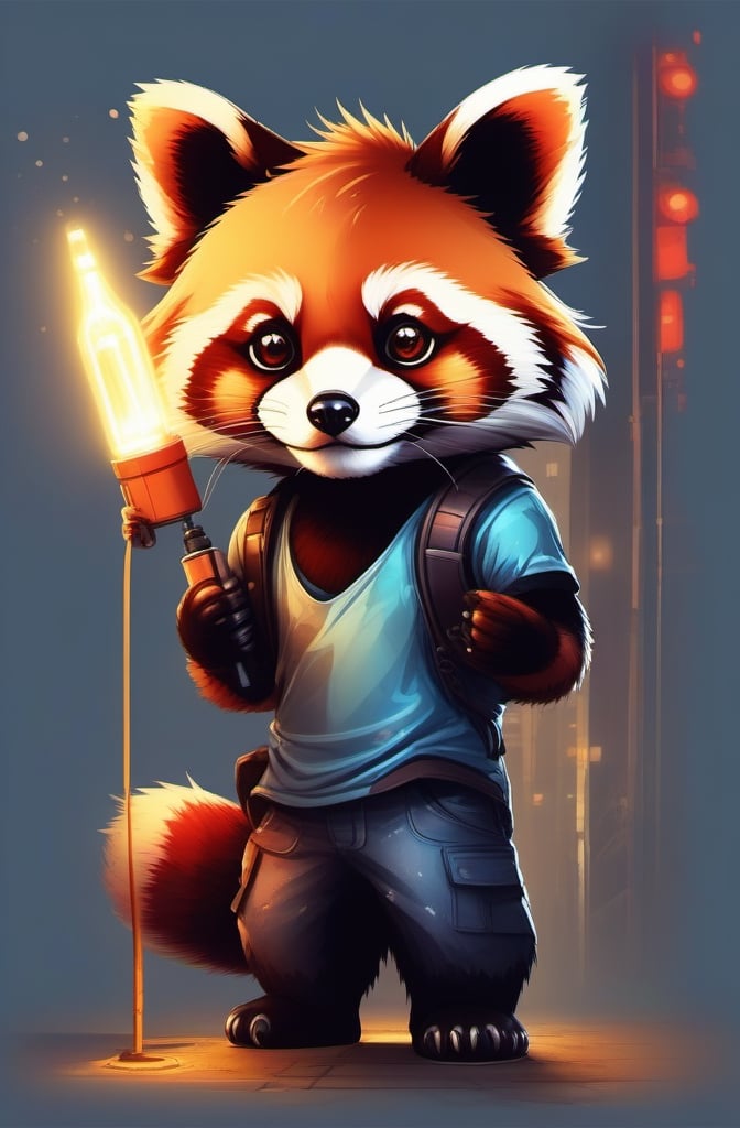 The spray can's metallic surface gleams under the radiant glow of a city street lamp, its nozzle eagerly anticipating the opportunity to unleash a burst of creative expression. The red panda's eyes sparkle with mischief, hinting at the artistic anarchy that is about to unfold.