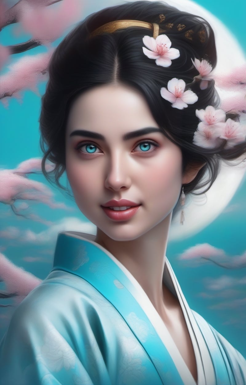  Ana de Armas, beautiful geisha with black hair flying, sky, turquoise eyes, realistic White dragon, sakura flower, white dragon, moon  Test, by alex1shved, highly realistic, ruddy skin, beautiful, full lips, smiling, feeling of lightness and joy, hyperrealism, skin very elaborated, direct gaze, by alex1shved.