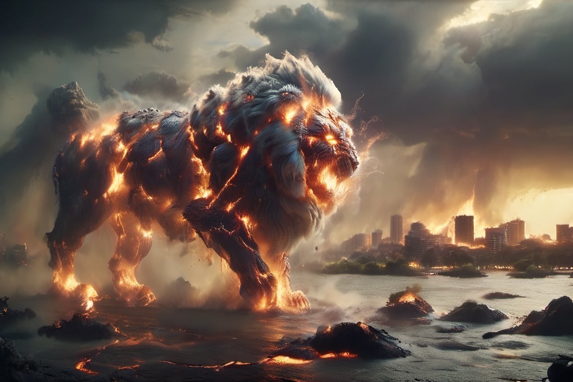 Cloud that looks like roaring lion with a tail stands over a ruined city, roaring in anger with a big open mouth. The sky is dark and stormy, and lightning flashes behind the monster. The buildings are broken and burning, and water floods the streets. The scene is terrifying and chaotic, and the people are fleeing in panic. ., ral-lava