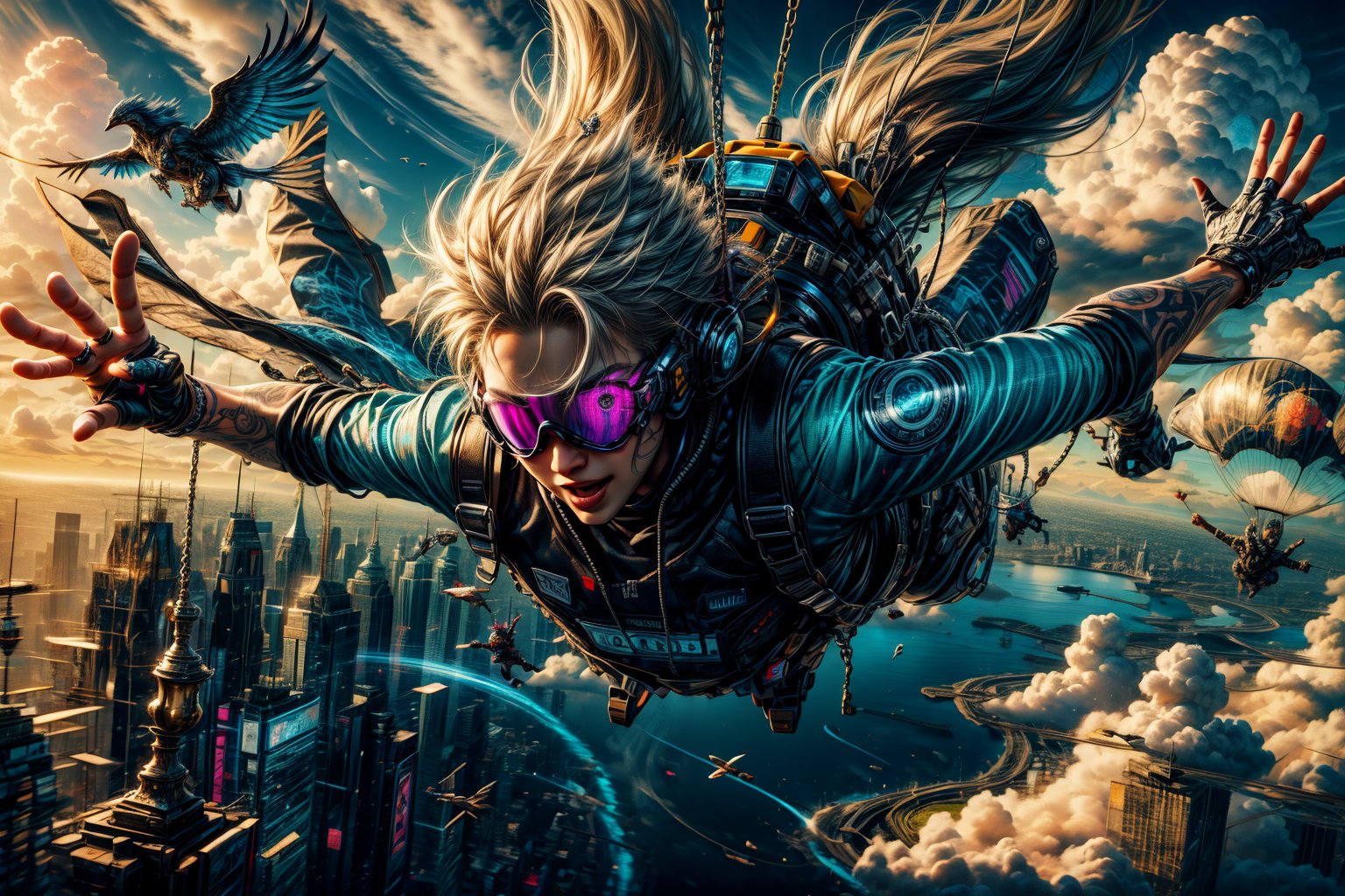 Create an image of a young man skydiving, captured mid-air with a joyful expression on his face. He is wearing a skydiving suit and protective goggles, with his hair slightly tousled by the wind. The background shows a breathtaking view of vast green fields and a body of water with a flower-shaped island below. The sky is clear and blue, enhancing the sense of thrill and freedom. The man should be in a dynamic pose, arms outstretched and legs bent, capturing the excitement of the skydive. (( 1 guy)), (Hands:1.1), ,better_hands,