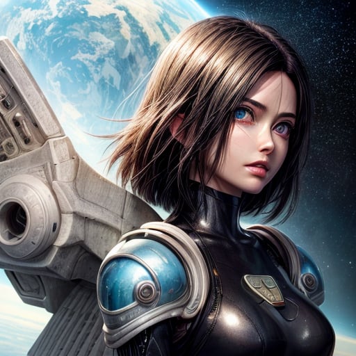 painting of (Battle Angel Alita), ultra detailed crystal android body, bob style hair, mechanical crystal armor body suit,  unreal engine, space station hangar in tokyo, space ships at tokyo airport