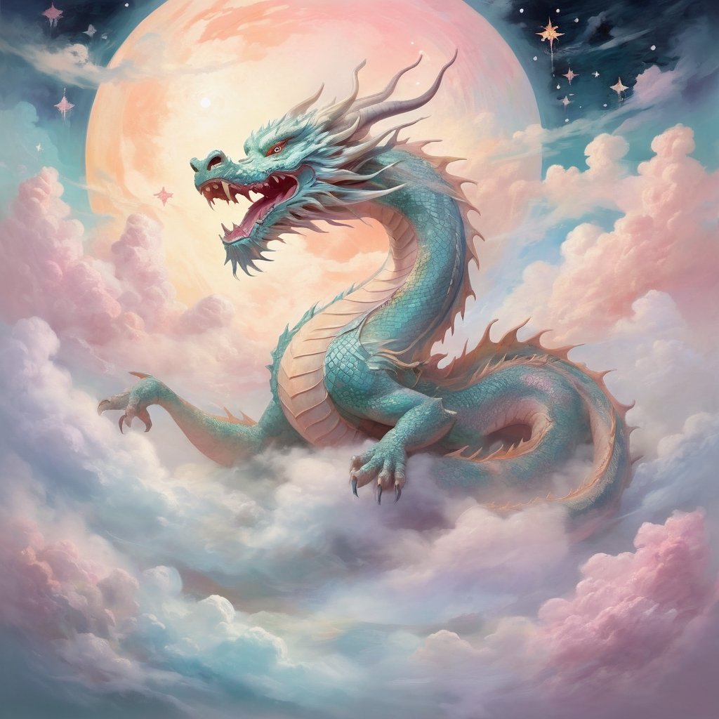 Ethereal giant asian dragon (impressionist:1.2) in a dreamlike, surreal landscape. The giant asian dragon is depicted in soft, dreamy brushstrokes, surrounded by floating clouds and mystical stars. The scene exudes an ethereal quality with pastel hues and a sense of otherworldly wonder.