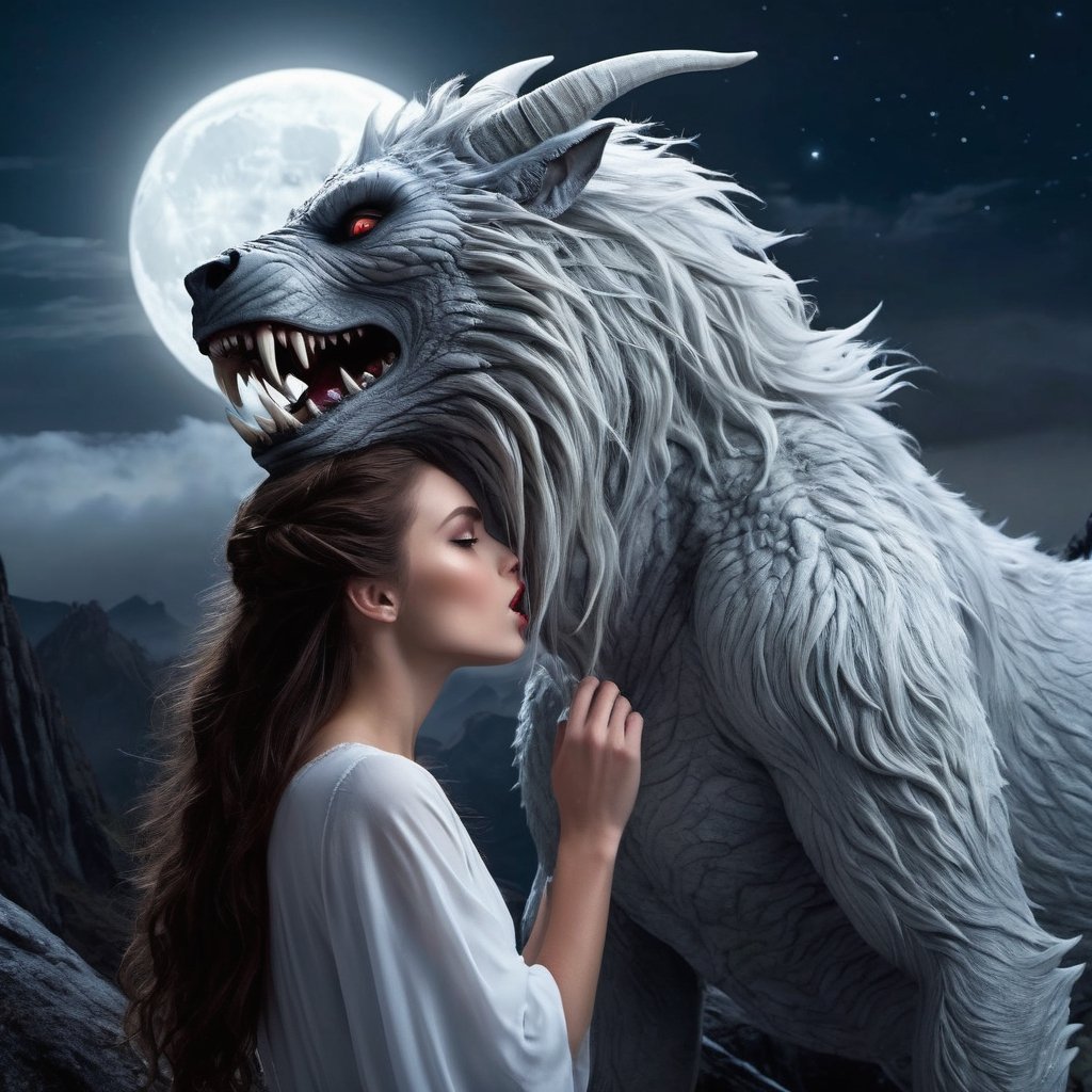 Capture a breathtaking moment atop a moonlit mountain peak where a stunningly beautiful young woman, bathed in the soft glow of the silver moonlight, stands face-to-face with a grotesque horror beast. The creature, its monstrous features accentuated by the eerie moonlight, exudes an aura of terror and malevolence. As the world around them seems to hold its breath, the girl, with unwavering bravery, leans in to plant a kiss on the creature's hideous, gnarled cheek. The scene is shrouded in an otherworldly, ethereal ambiance, emphasizing the stark contrast between beauty and horror.