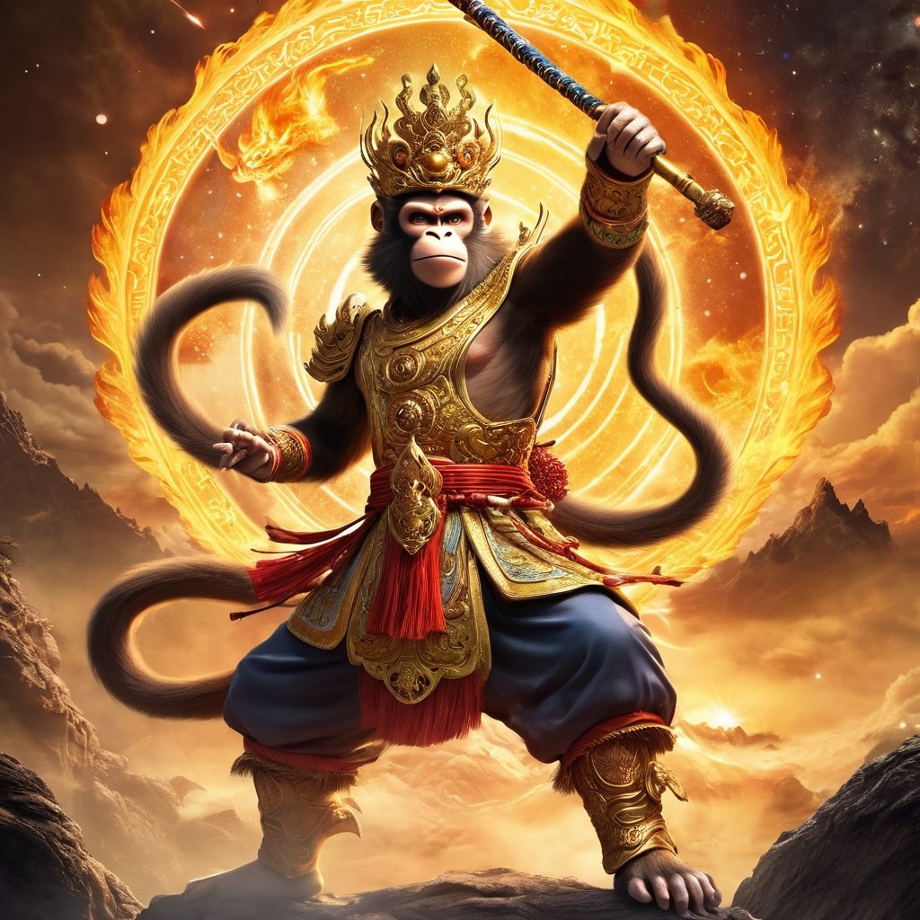 Mythic Monkey King (epic:1.2) in a grand, epic battle against ancient dragons in a celestial realm. The Monkey King is a powerful figure, surrounded by cosmic energies and celestial beings. The scene is epic in scale, with vibrant cosmic colors and a sense of celestial grandeur.