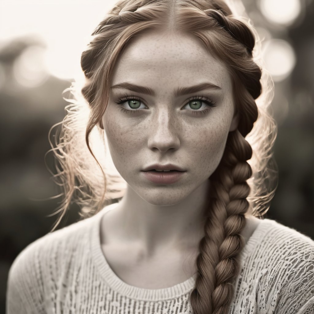 A black and white photograph, close up, beautiful young woman, detailed gorgeous face, freckled skin, pale skin, long hair, thick ginger fishtail braids, green eyes, ultra realistic, detailed and intricate, cinematic lighting, ultra detailed, sharp focus, 8k high definition, nice bokeh, Leica 35mm F2.8, dark tone, intricate details, highly detailed, black and white photograph, dimly lit, monochrome, platinotype