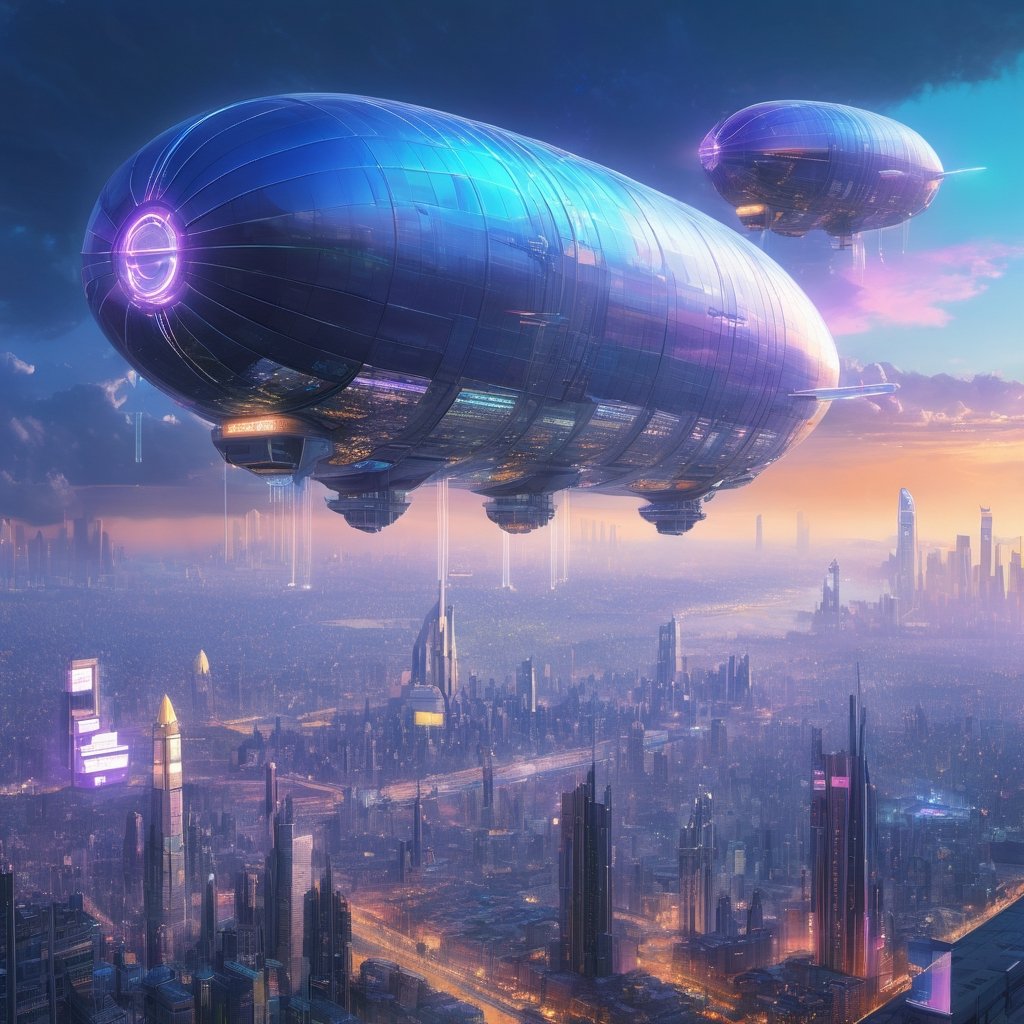 A surreal panorama unfolds as the cyberpunk skyline meets the blimps' embrace. The towering metropolis sprawls below, an abstract tapestry of steel and glass, bathed in the incandescent glow of holographic billboards. Blimps, like ethereal guardians, float above, trailing luminous contrails that weave through the city's arteries.