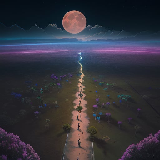 "Scott Pilgrim" by Bryan Lee O'Malley, zigzag, fantasy, surreal, surreal colorful, transcendental moon glow, lush flowers, magic, (dark blue tone:0.8), wide angle, from above, hyperdetailed, detailed matte painting, deep color, fantastical, complementary colors, concept art, dynamic light, 8k resolution, unreal Engine 5, unreal engine
