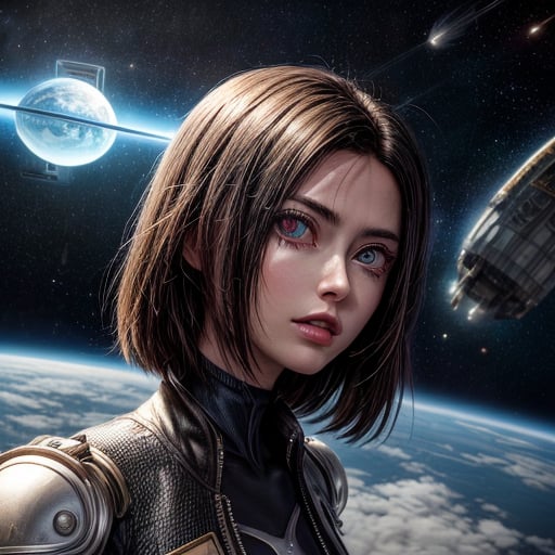 painting of (Battle Angel Alita), ultra detailed crystal android body, bob style hair, mechanical crystal armor body suit,  unreal engine, space station hangar, space ships