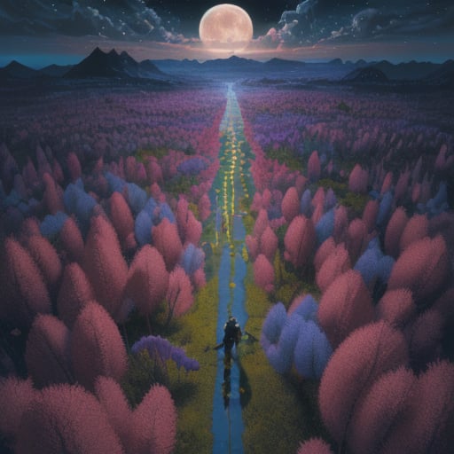 magazine cover art"Scott Pilgrim" by Bryan Lee O'Malley, (background, zigzag, fantasy, surreal, surreal colorful, transcendental moon glow, lush flowers, magic, (dark blue tone:0.8), wide angle, from above, hyperdetailed, detailed matte painting, deep color, fantastical, complementary colors, concept art, dynamic light, 8k resolution, unreal Engine 5, unreal engine)