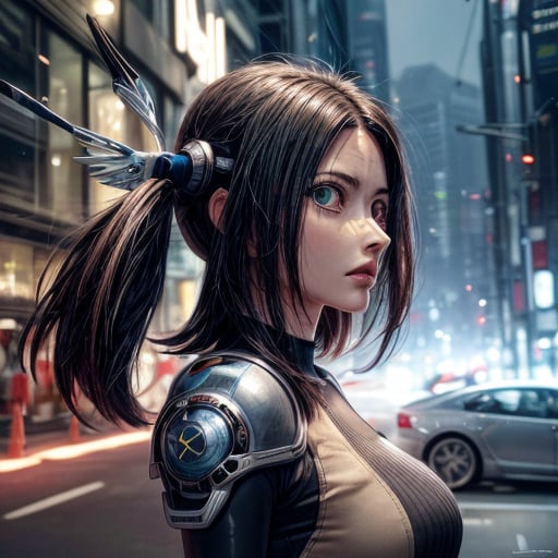 tokyo street view painting of (Battle Angel Alita), medium shot, ultra detailed transparent crystal android body, bob style hair, mechanical transparent crystal armor body suit,  wires, gears, clockwork, unreal engine, epic composition