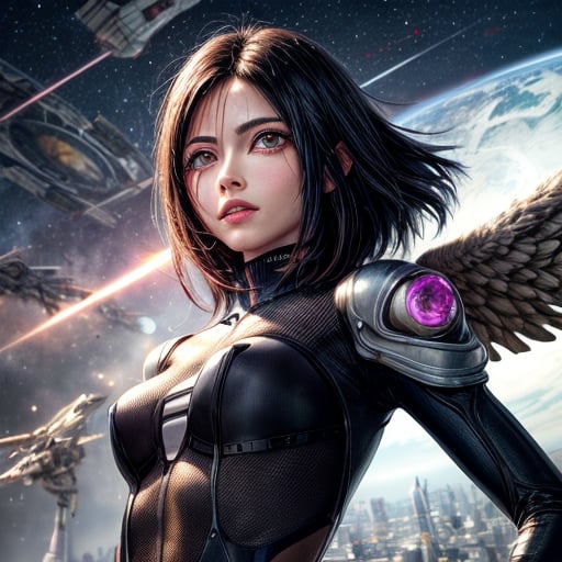tokyo street view painting of (Battle Angel Alita), medium shot, ultra detailed crystal android body, bob style hair, mechanical crystal armor body suit,  unreal engine, space station hangar, space ships, epic composition