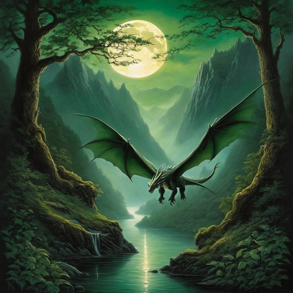 ((top-notch quality)), ((masterwork)), ((true-to-life)),
Dragon, gliding, mystical forest, moonlit night, moonlight, J.R.R. Tolkien, fantasy illustration, canvas oil painting, fantastical, emerald, three-dimensional, high-res,
64K resolution, magical, enchanting, awe-inspiring, otherworldly, ancient, enchanted, mythical creature, majestic wings, iridescent scales, lush foliage, tranquil, moonlit shadows, breathtaking, at eye level, picturesque, masterwork