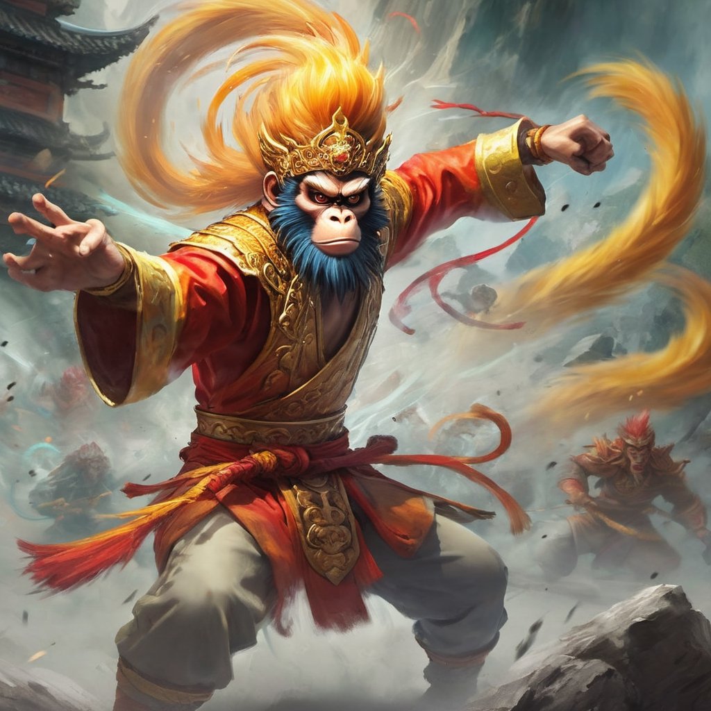 Whirlwind Monkey King (action-packed:1.2) engaged in a high-speed battle against supernatural foes. The Monkey King is a blur of motion as he faces off against formidable adversaries. The scene is dynamic and fast-paced, with bold colors and a sense of frenetic energy