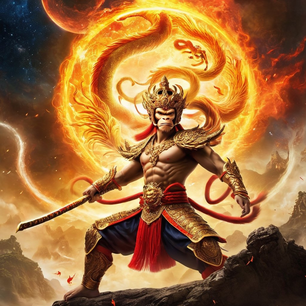Mythic Monkey King (epic:1.2) in a grand, epic battle against ancient dragons in a celestial realm. The Monkey King is a powerful figure, surrounded by cosmic energies and celestial beings. The scene is epic in scale, with vibrant cosmic colors and a sense of celestial grandeur.