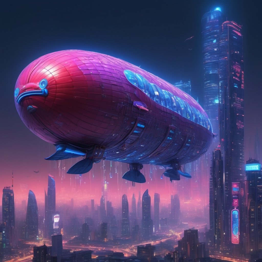 Amidst the neon-lit labyrinth of the cyberpunk skyline, colossal blimps hover like phantom whales in a city's dream. Radiant, multi-hued skyscrapers pierce the night with shards of electric blue and crimson, their glass facades reflecting cascades of glittering data. Blimps, like ancient airships reborn, cruise serenely, adorned with luminescent advertisements that dance in the smog-choked heavens.