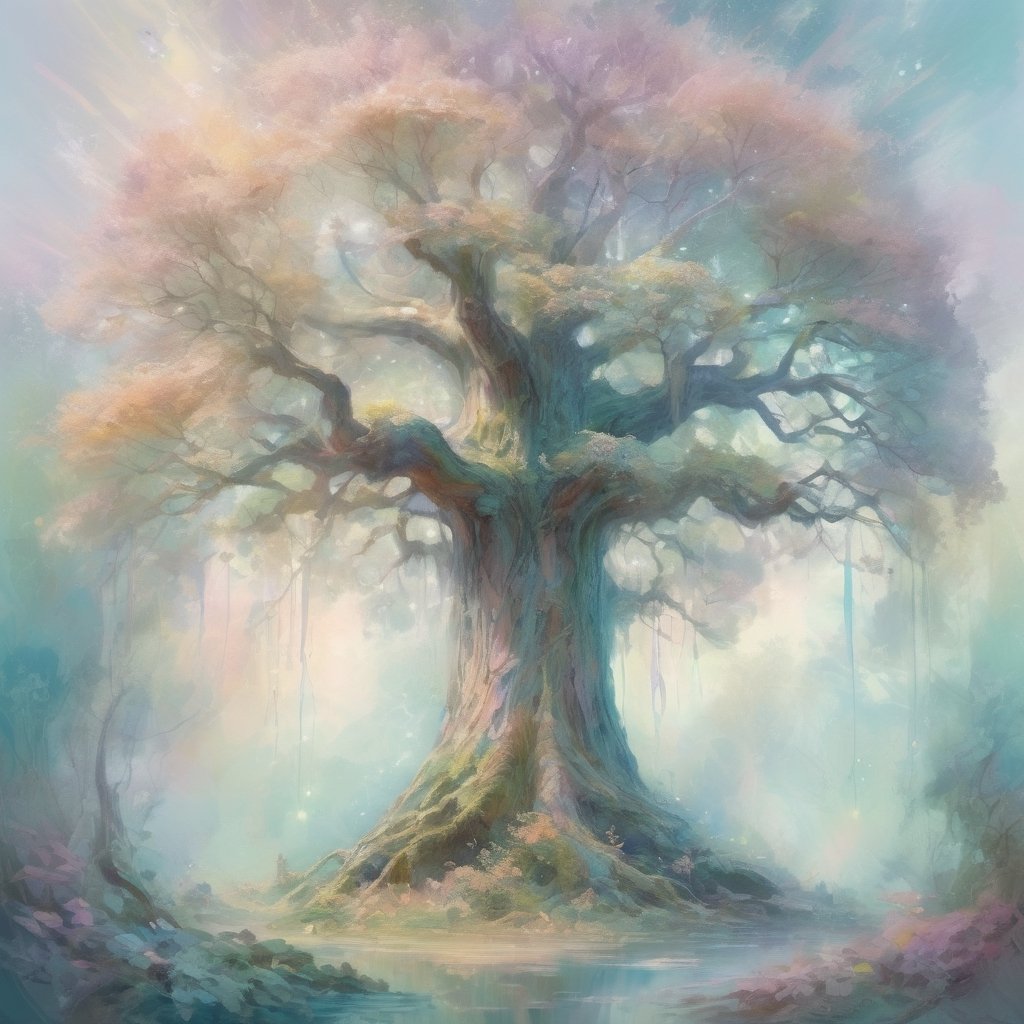 Ethereal forest giant tree (impressionist:1.2) in a dreamlike, surreal landscape. The giant tree is depicted in soft, dreamy brushstrokes, surrounded by floating leaves and mystical fairies. The scene exudes an ethereal quality with pastel hues and a sense of otherworldly wonder.