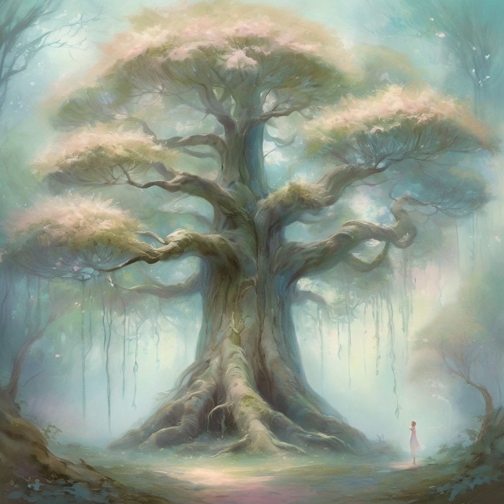Ethereal forest giant tree (impressionist:1.2) in a dreamlike, surreal landscape. The giant tree is depicted in soft, dreamy brushstrokes, surrounded by floating leaves and mystical fairies. The scene exudes an ethereal quality with pastel hues and a sense of otherworldly wonder.