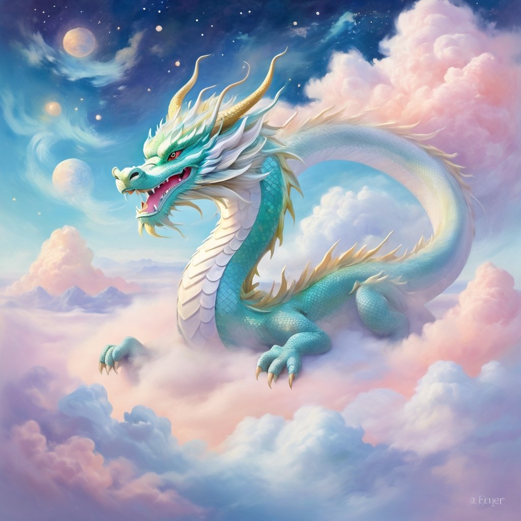 Ethereal giant asian dragon (impressionist:1.2) in a dreamlike, surreal landscape. The giant asian dragon is depicted in soft, dreamy brushstrokes, surrounded by floating clouds and mystical stars. The scene exudes an ethereal quality with pastel hues and a sense of otherworldly wonder.